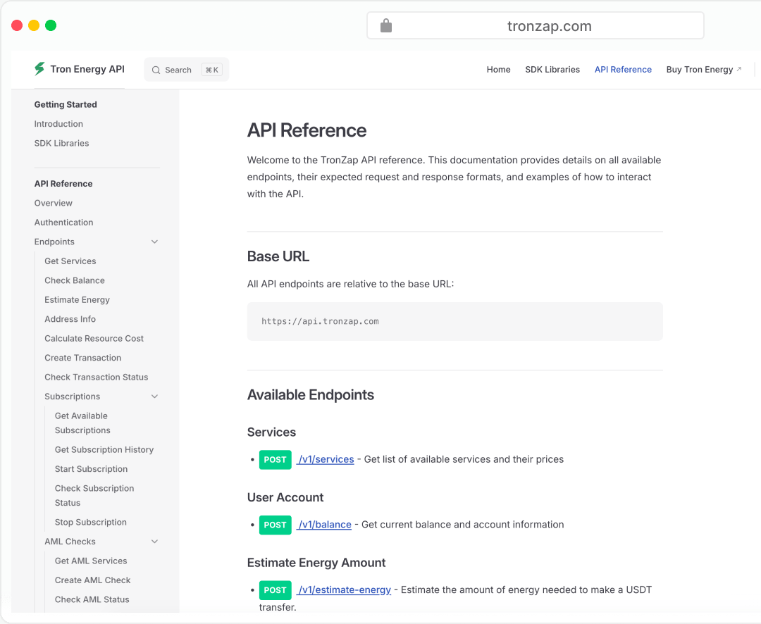 TronZap API-Referenz