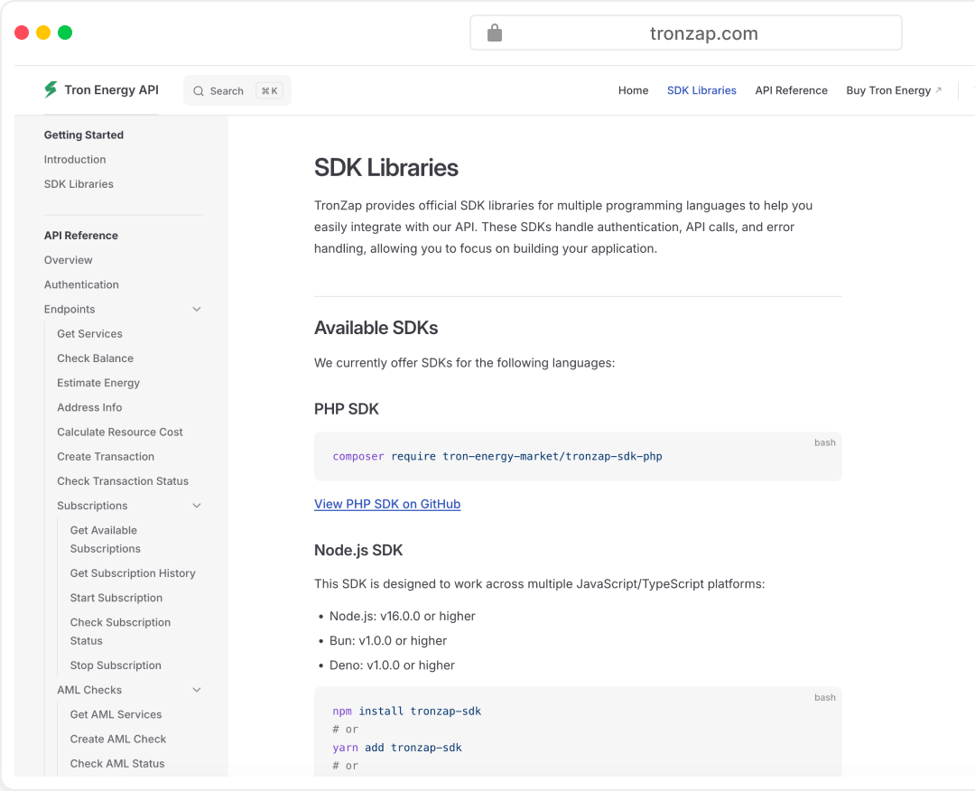 TRON Energy Rental SDK-Bibliotheken