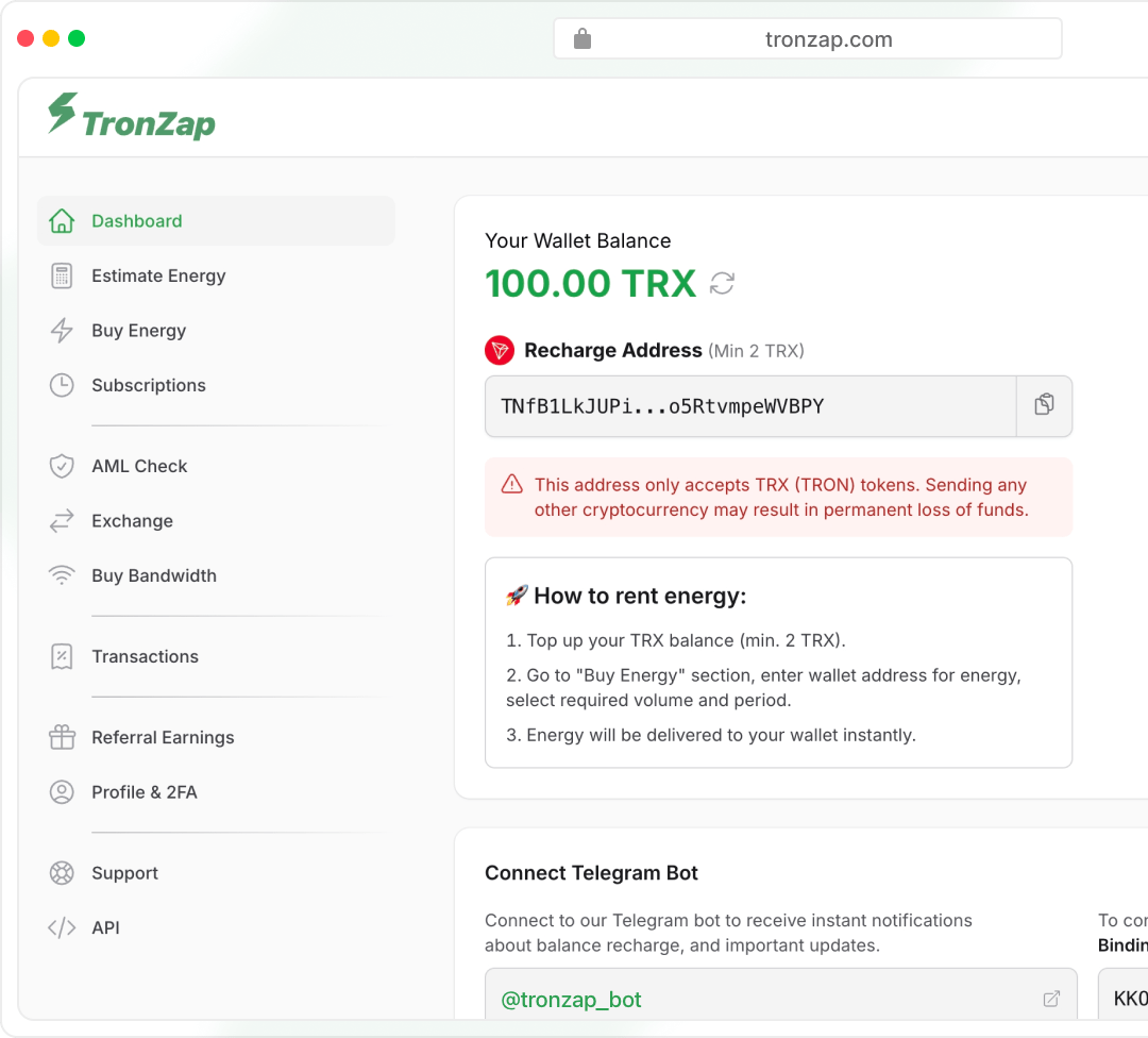 TronZap dashboard